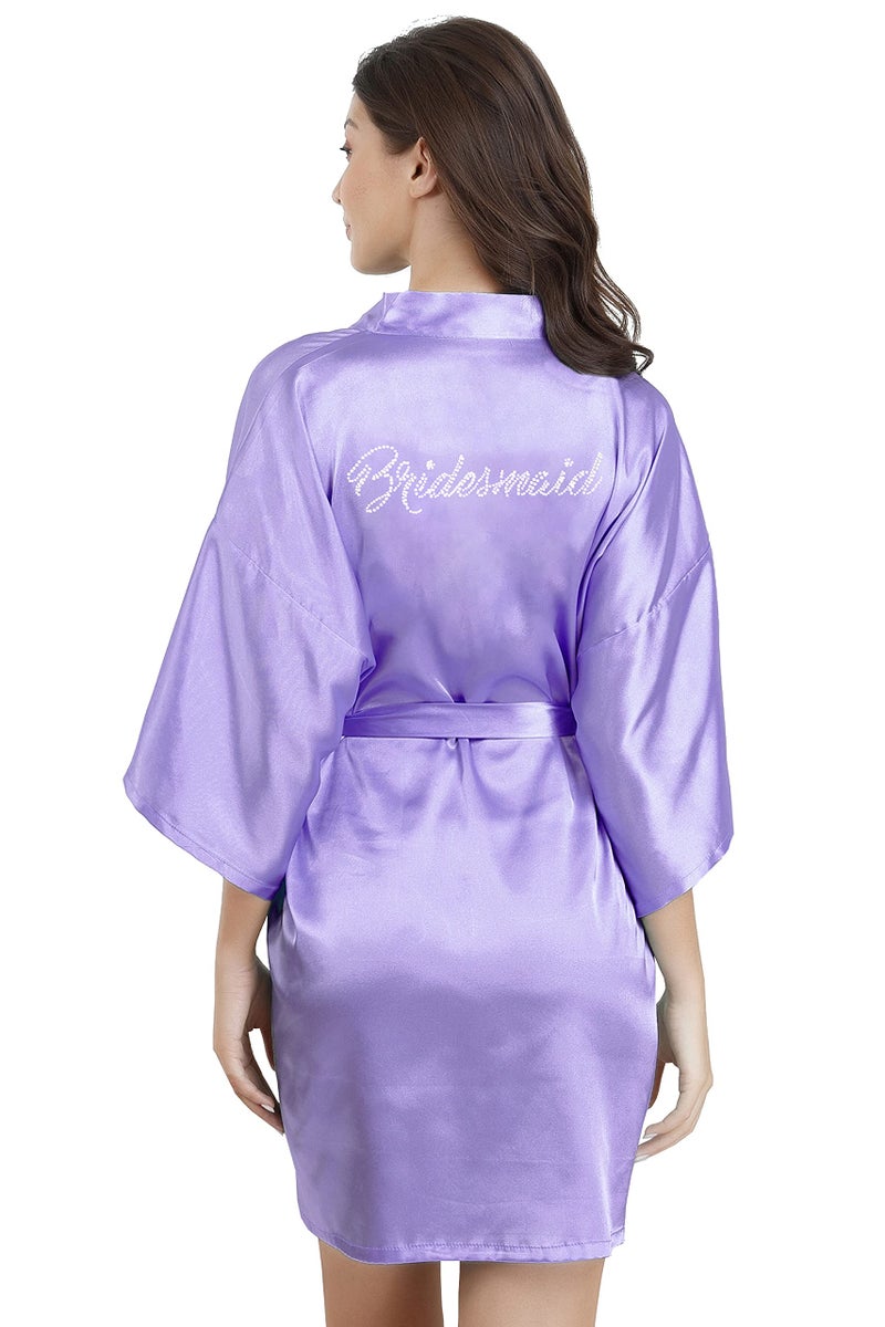 EPLAZA Women's One Size Silver Rhinestones Bride Bridesmaid Short Satin Robes for Wedding Party Getting Ready (Light Purple, Bridesmaid) - Image 2